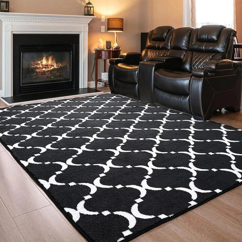 Navak Carpet Large Shag Area Rug Memory Foam Living Room Rug 6x9 Feet, Black Plush Geometric Bedroom Rug, Indoor Carpet for Kids Room Decor