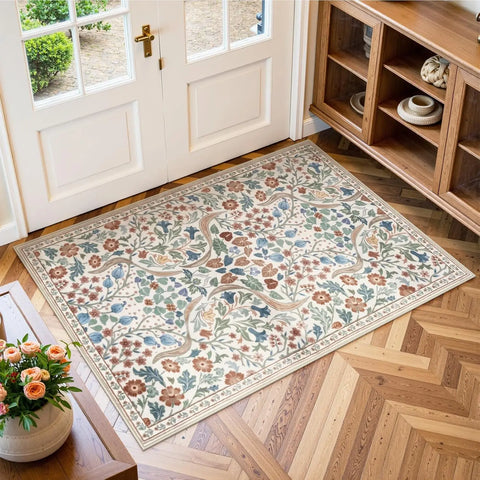 Navak Carpet Floral Washable Rugs, Soft Large Boho Bedroom Rug, Botanical Non Slip Ultra Thin Floor Carpet for Dining Room Nursery Office