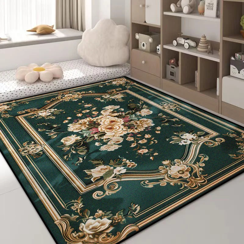 Navak Carpet Luxury Green Flower Area Rug – Non-Slip Large Living Room Carpet, Golden Border Washable Soft Mat for Bedroom Home Decor