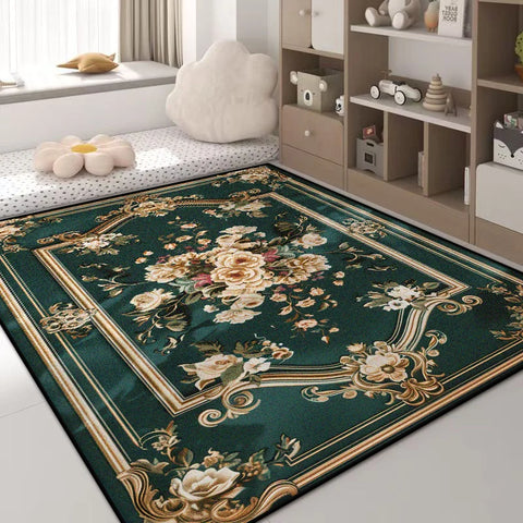 Navak Carpet Luxury Green Flower Area Rug – Non-Slip Large Living Room Carpet, Golden Border Washable Soft Mat for Bedroom Home Decor