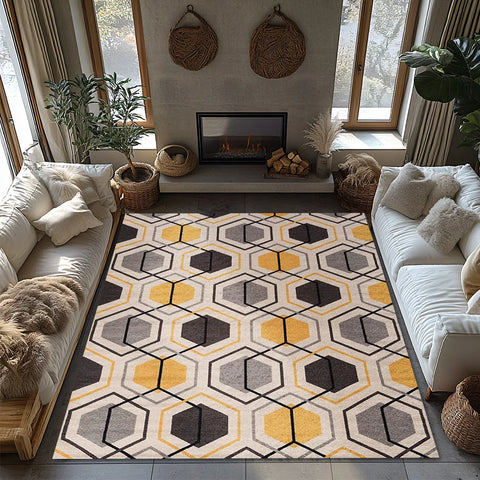Navak Carpet Yellow Gray Geometric Bohemian Rug, Modern Pattern Non-Slip Carpet, Cozy Living Room Mat for Scandinavian Decor