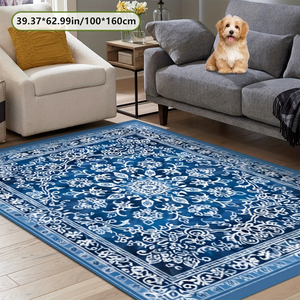Navak Carpet Luxurious Blue Exotic Floral Area Mat - 78.74" x 118.11", Non-Slip Backing, Machine Washable, Perfect for Living Room, Bedroom,