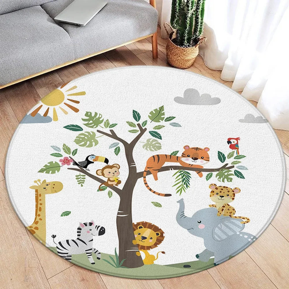 Navak Carpet Cartoon Round Carpet Ocean Fish Dolphin Starfish Cute Deer Lion Elephant Tiger Kids Bedroom Mat Home Living Room Decor Floor Rug