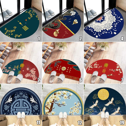 Navak Carpet Chinese Semi-circular Floor Mats Japanese Style Crane Printed Door Entrance Non-slip Floor Mats Balcony Carpet Hallway Porch Rug