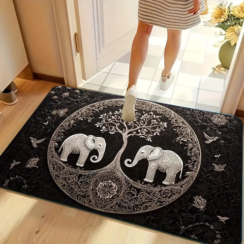 Navak Carpet 1pc Elephant and Tree of Life Welcome Mat - Non-slip, Machine Washable for Living Room, Bathroom, Kitchen - Durable Polyester