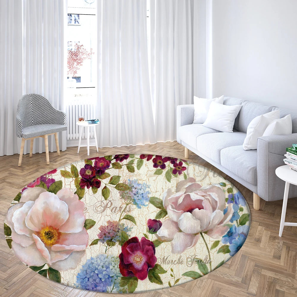 Navak Carpet Home Living Room Bedroom Bathroom Floor Mat Printing Decorative Carpet Flower and Bird  Round  Peony Rose