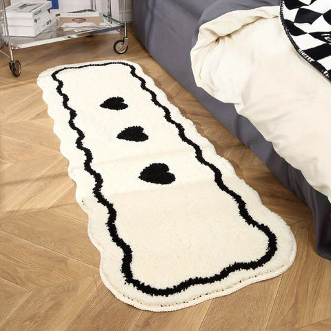 Navak Carpet Exclusive Picks Black And White Heart-Shaped Long Rug, Fluffy And Soft Home Decor Bedside Rug For Bedroom, Hallway And Corridor Floor Mat