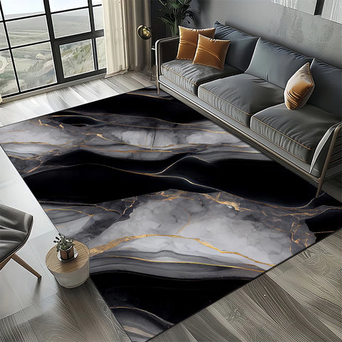 Navak Carpet Elegant Black White & Gold Area Rug – Sophisticated Marble-Like Pattern for Living Room or Bedroom, Non-Slip Modern Home Decor