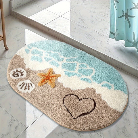 Navak Carpet 1pc Plush Faux Cashmere Bathroom - Ocean-Themed Oval Floor Mat with Beach Starfish & Heart Design,Rugs for Bathroom,Theme Decor