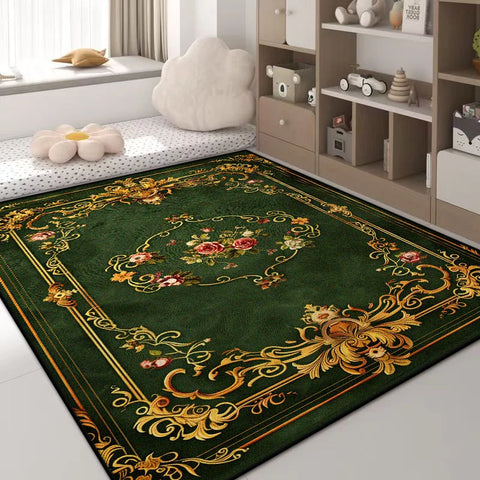 Navak Carpet Luxury Green Flower Area Rug – Non-Slip Large Living Room Carpet, Golden Border Washable Soft Mat for Bedroom Home Decor