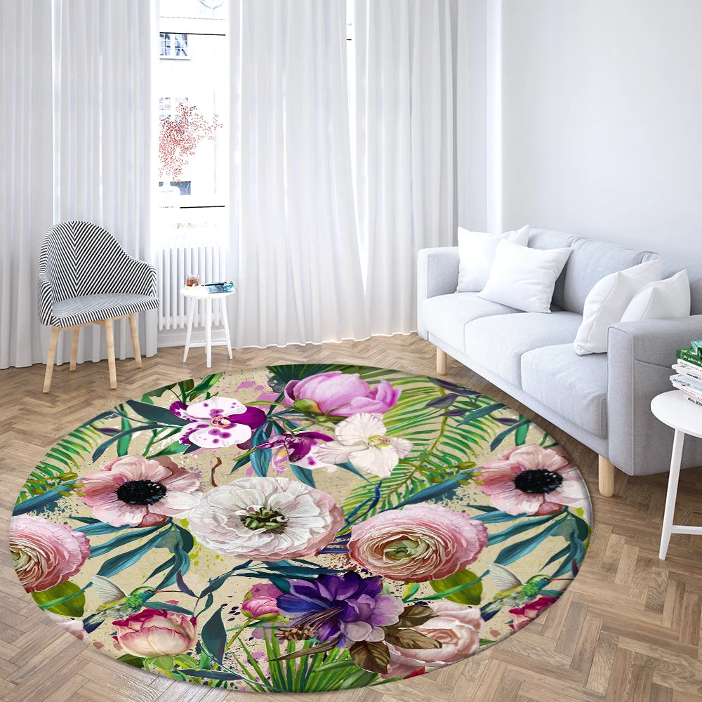 Navak Carpet Home Living Room Bedroom Bathroom Floor Mat Printing Decorative Carpet Flower and Bird  Round  Peony Rose