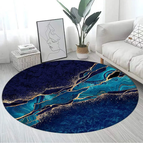Navak Carpet Abstract Blue Marble Round Carpet Gold Textured Geometric Pattern Black Home Rugs Living Room Bedroom Decor Sofa Rug Floor Mats