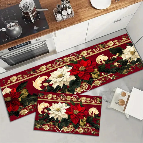 Navak Carpet Christmas Poinsettia Floral Kitchen Mat Decor Non-Slip Laundry Room Mats Hallway Balcony Rugs Bedroom Mat Christmas Decorations