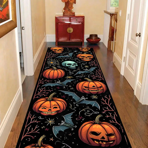 Navak Carpet Exclusive Picks Halloween Runner Rug Abstract Pumpkin Skull Carpet Kitchen Anti-Slip Spider Web Printed Rugs for Living Room Home Decor