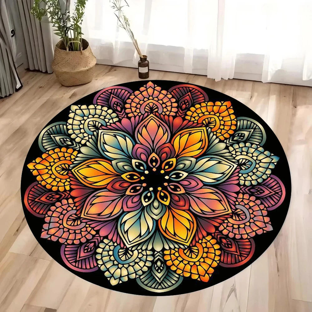 Navak Carpet Colorful 3D Mandala Mystery Chakra Print Round Rug Meditation and Yoga Non-Slip Machine Washablefor Bedroom and Living Room