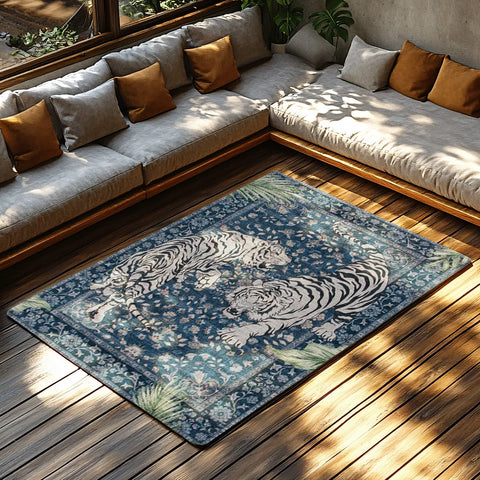 Navak Carpet Blue Tiger Pattern Bohemian Rug, Jungle Theme Non-Slip Carpet, Plush Living Room Mat for Nature Inspired Decor