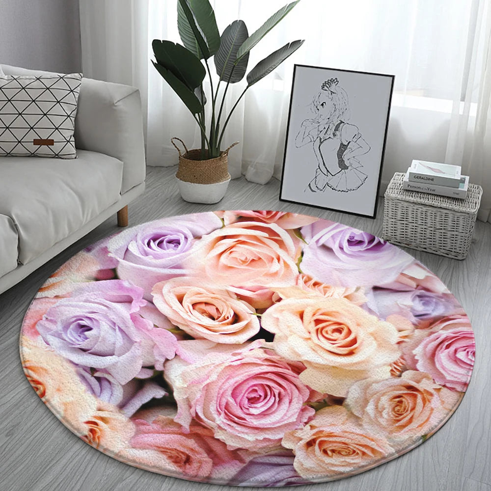 Navak Carpet Home Living Room Bedroom Bathroom Floor Mat Printing Decorative Carpet Flower and Bird  Round  Peony Rose