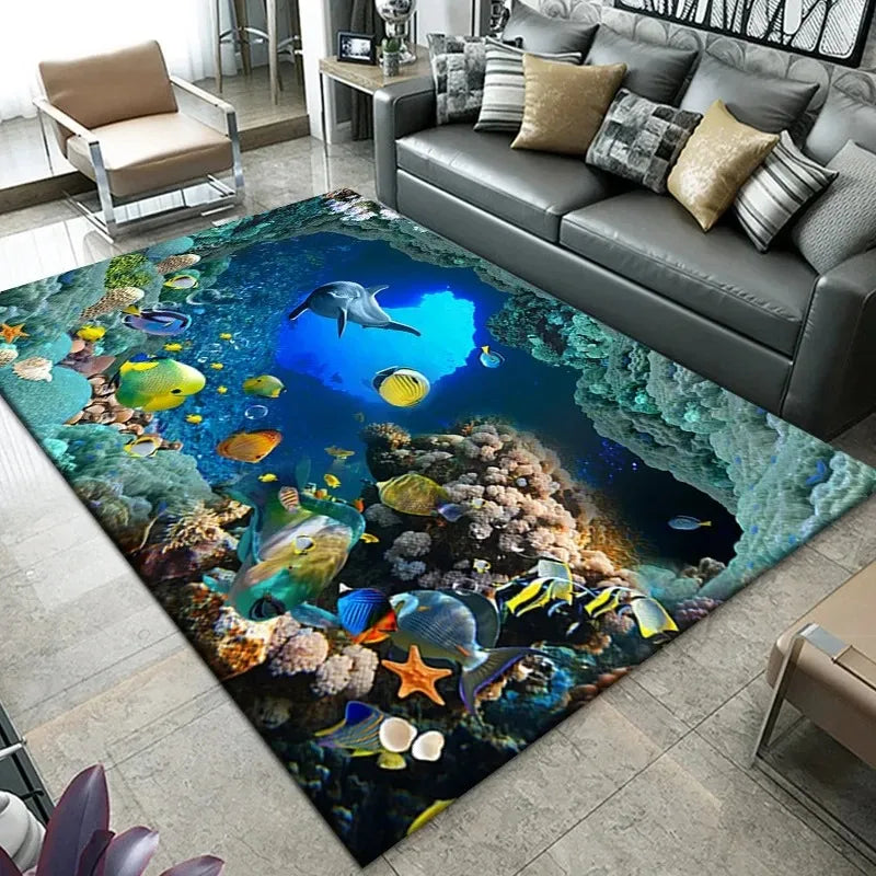 Navak Carpet3D Beach Sea Waves Pattern Carpet Door Floor Mat Fish Doormat Non-slip Floor Mat Living Room Rug Home Room Bedroom Decoration