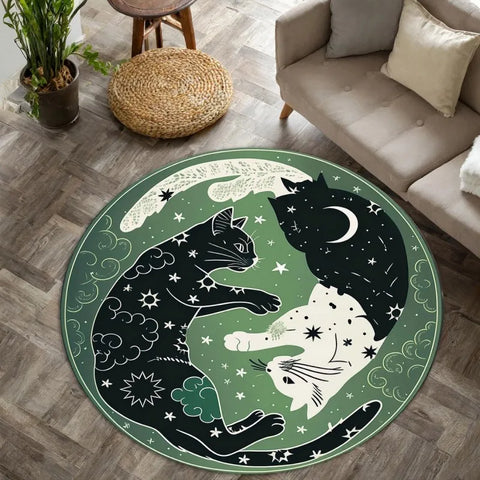 Navak Carpet Yin Yang CAT Printed Round Carpets for Home Living Room Rug Bedroom Decor Rug Non Slip Washable Flannel Floor Mat