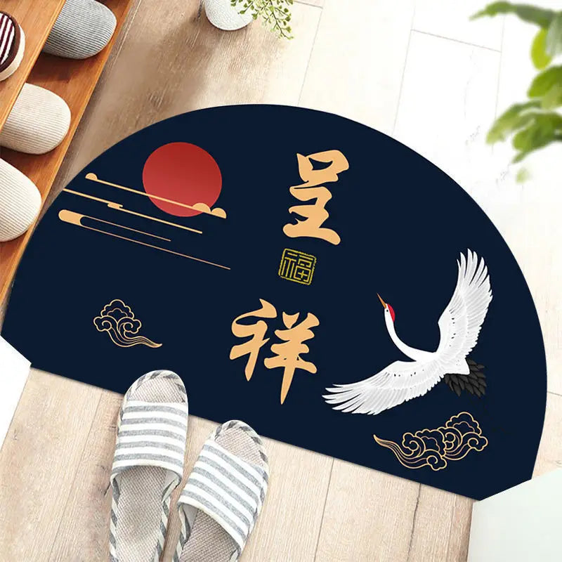 Navak Carpet Chinese Semi-circular Floor Mats Japanese Style Crane Printed Door Entrance Non-slip Floor Mats Balcony Carpet Hallway Porch Rug