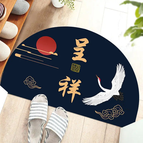 Navak Carpet Chinese Semi-circular Floor Mats Japanese Style Crane Printed Door Entrance Non-slip Floor Mats Balcony Carpet Hallway Porch Rug