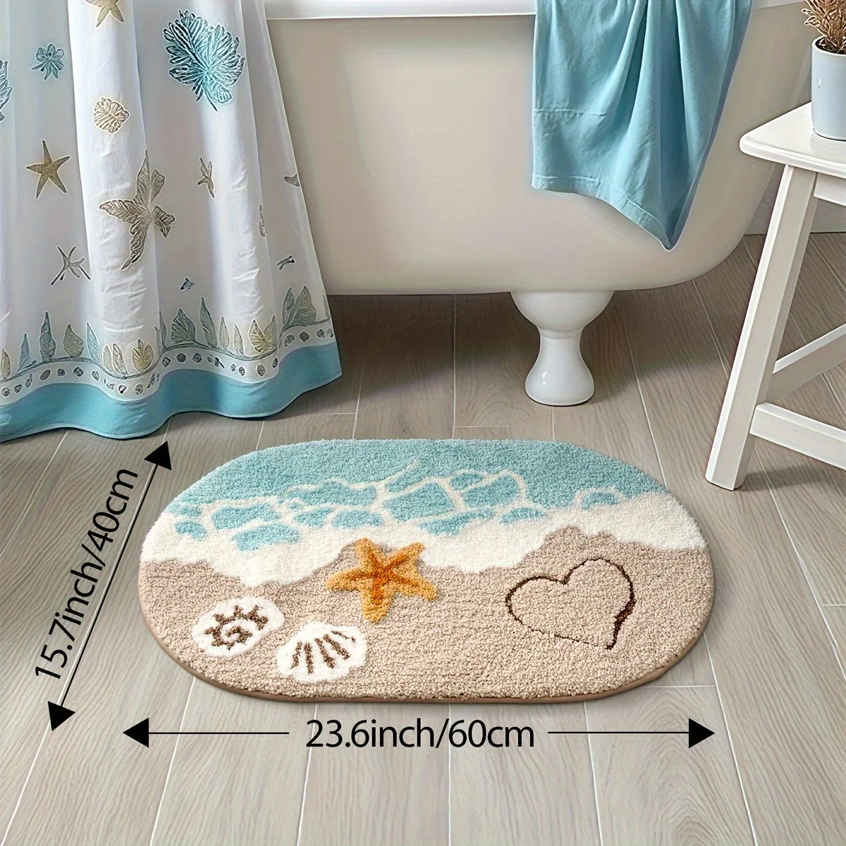 Navak Carpet 1pc Plush Faux Cashmere Bathroom - Ocean-Themed Oval Floor Mat with Beach Starfish & Heart Design,Rugs for Bathroom,Theme Decor