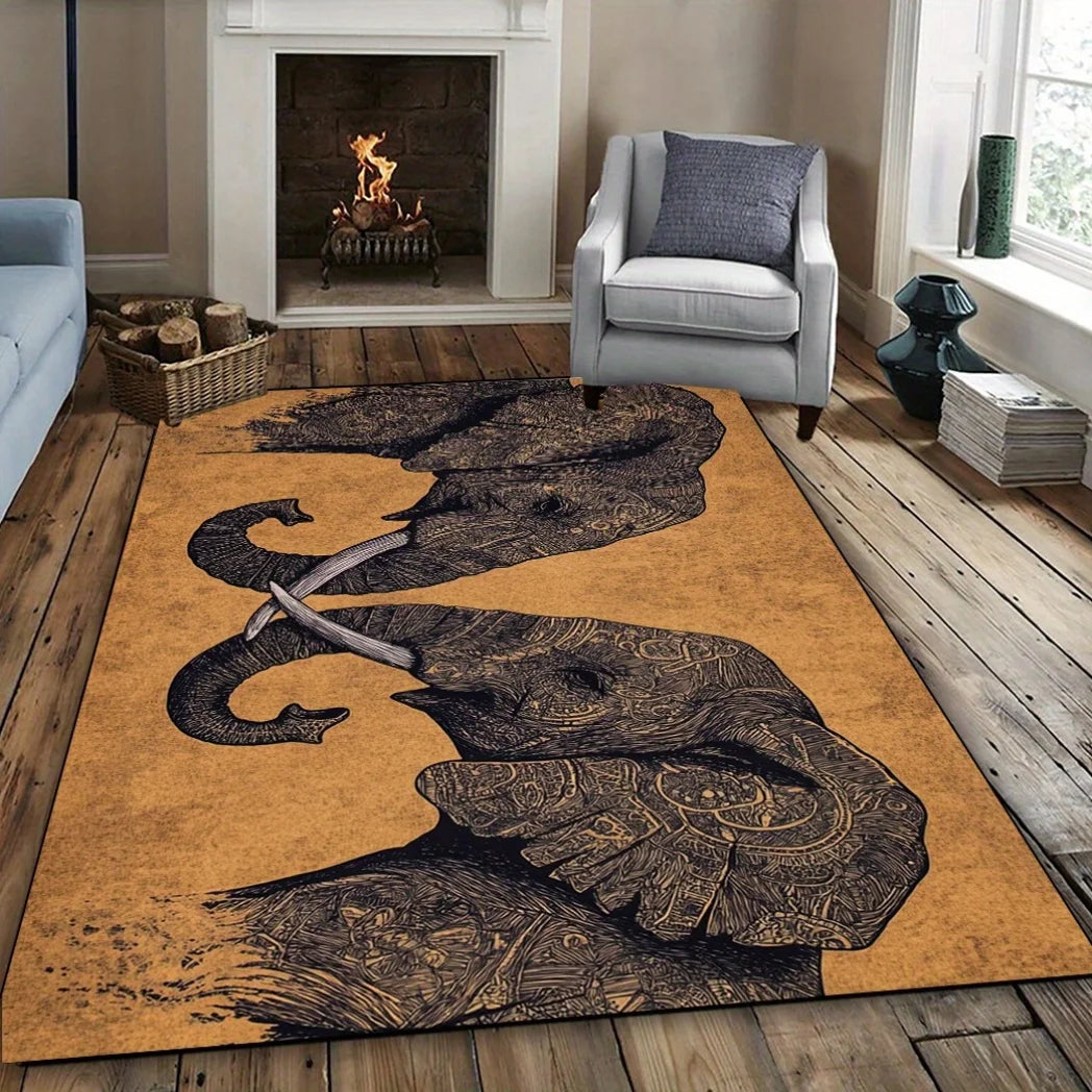 Navak Carpet Elephant Pattern Rug - Polyester Woven, Lightweight, Washable, Low Pile, Suitable for Living Room, Bedroom, Home Decoration