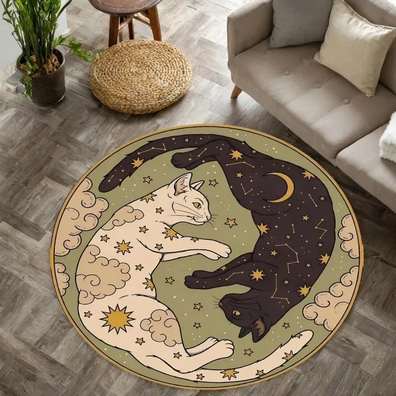 Navak Carpet Yin Yang CAT Printed Round Carpets for Home Living Room Rug Bedroom Decor Rug Non Slip Washable Flannel Floor Mat