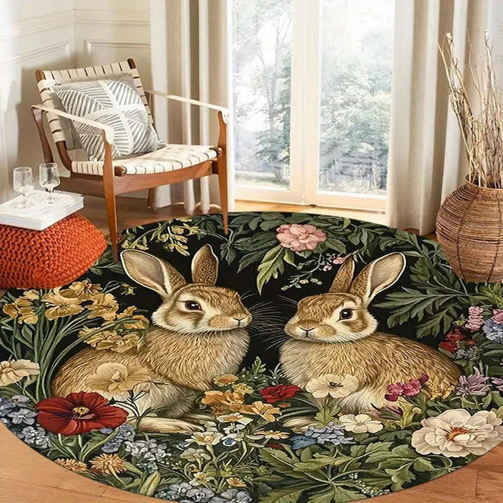 Navak Carpet Easter Retro Floral Rabbit Pattern Round Area Rug Bedroom Living Room Garden Decor Living Room Carpet Decorative Floor Mat