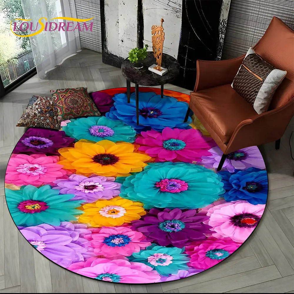 Navak Carpet 3D Daisy Nordic Flower Sunflower Round Area Rug,Carpet for Living Room Children's Bedroom Sofa Playroom Decor,Non-slip Floor Mat