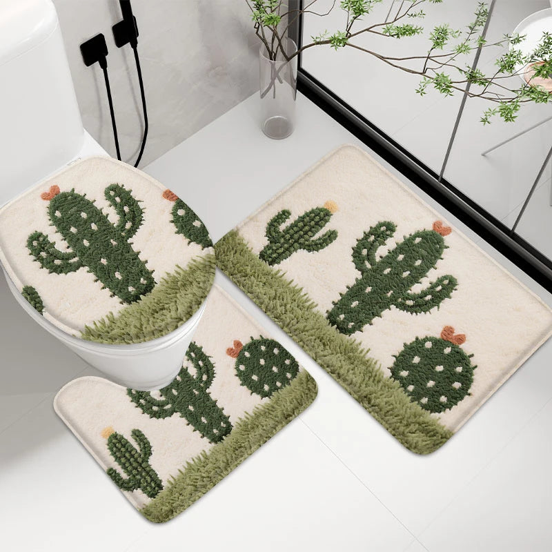 Navak Carpet 3pcs Cactus Printed Bathroom Mat 7MM Soft Floor Mat, Living Room Carpet, Balcony Non Slip Mat Machine Washable