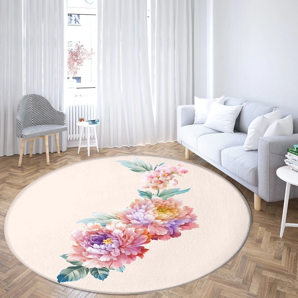 Navak Carpet Home Living Room Bedroom Bathroom Floor Mat Printing Decorative Carpet Flower and Bird  Round  Peony Rose