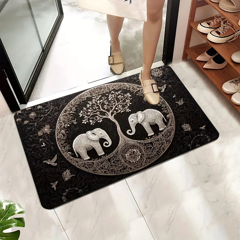 Navak Carpet 1pc Elephant and Tree of Life Welcome Mat - Non-slip, Machine Washable for Living Room, Bathroom, Kitchen - Durable Polyester