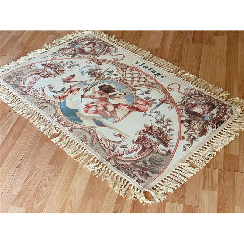 Navak Carpet Retro Livingroom Rugs Home Decoration for Bedrooom Carpet Small Doormat European Angel Printed Cotton Porch Hand Tassel Carpet