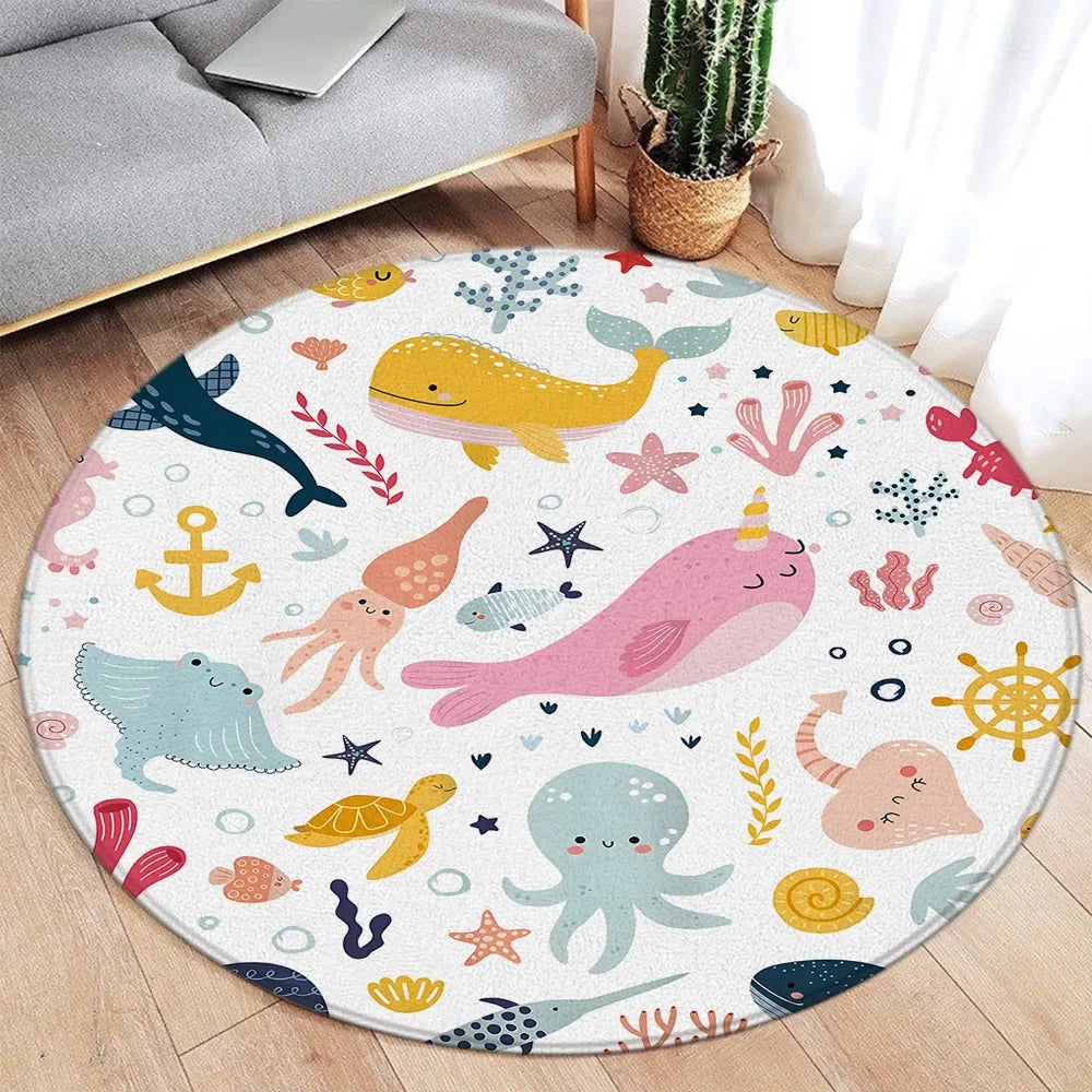 Navak Carpet Cartoon Round Carpet Ocean Fish Dolphin Starfish Cute Deer Lion Elephant Tiger Kids Bedroom Mat Home Living Room Decor Floor Rug