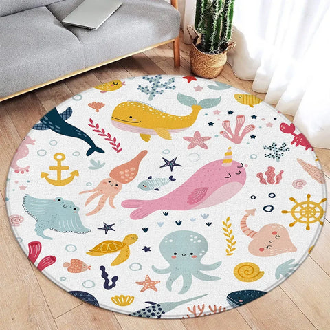 Navak Carpet Cartoon Round Carpet Ocean Fish Dolphin Starfish Cute Deer Lion Elephant Tiger Kids Bedroom Mat Home Living Room Decor Floor Rug