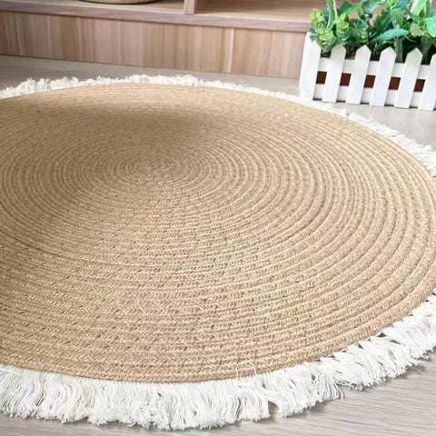 Navak Carpet Nordic Cotton Rope Tassel Round Mat Hand-woven Living Room Bedroom Balcony Decorative Carpet Non-slip Coffee Table Mat