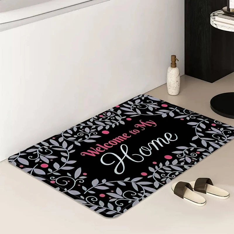 Navak Carpet Leaf & Letter Patterned Home Welcome Print Door Mat Absorbent Quick-Drying Non-Slip Entrance Carpet for Living Room Bedroom Rug