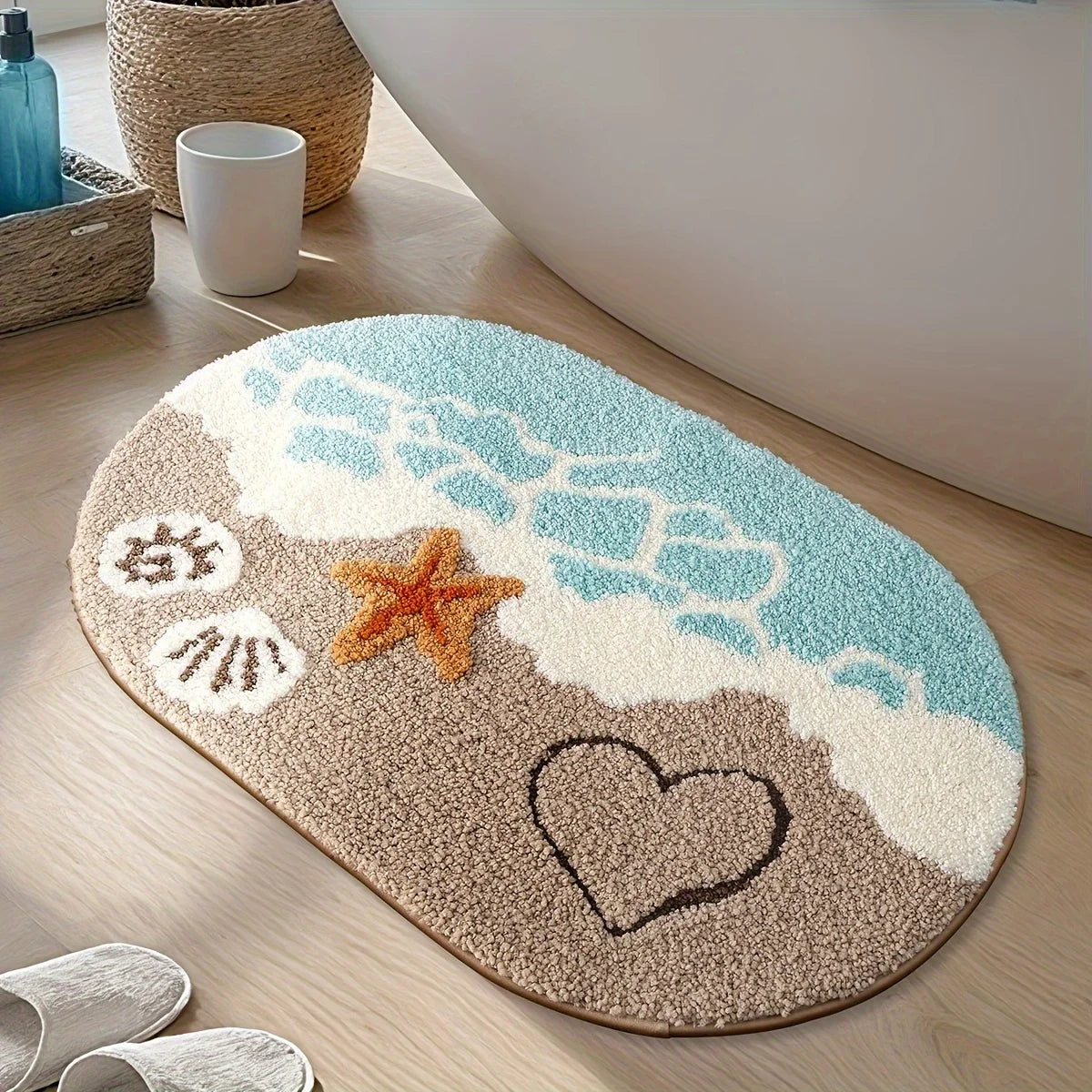 Navak Carpet 1pc Plush Faux Cashmere Bathroom - Ocean-Themed Oval Floor Mat with Beach Starfish & Heart Design,Rugs for Bathroom,Theme Decor