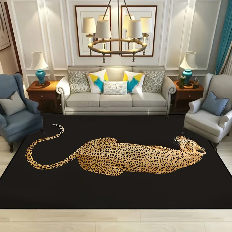 Navak Carpet 1pc Leopard Print Area Mat-Machine Washable, Decorative Carpet with Black Background and Gold Leopard Design