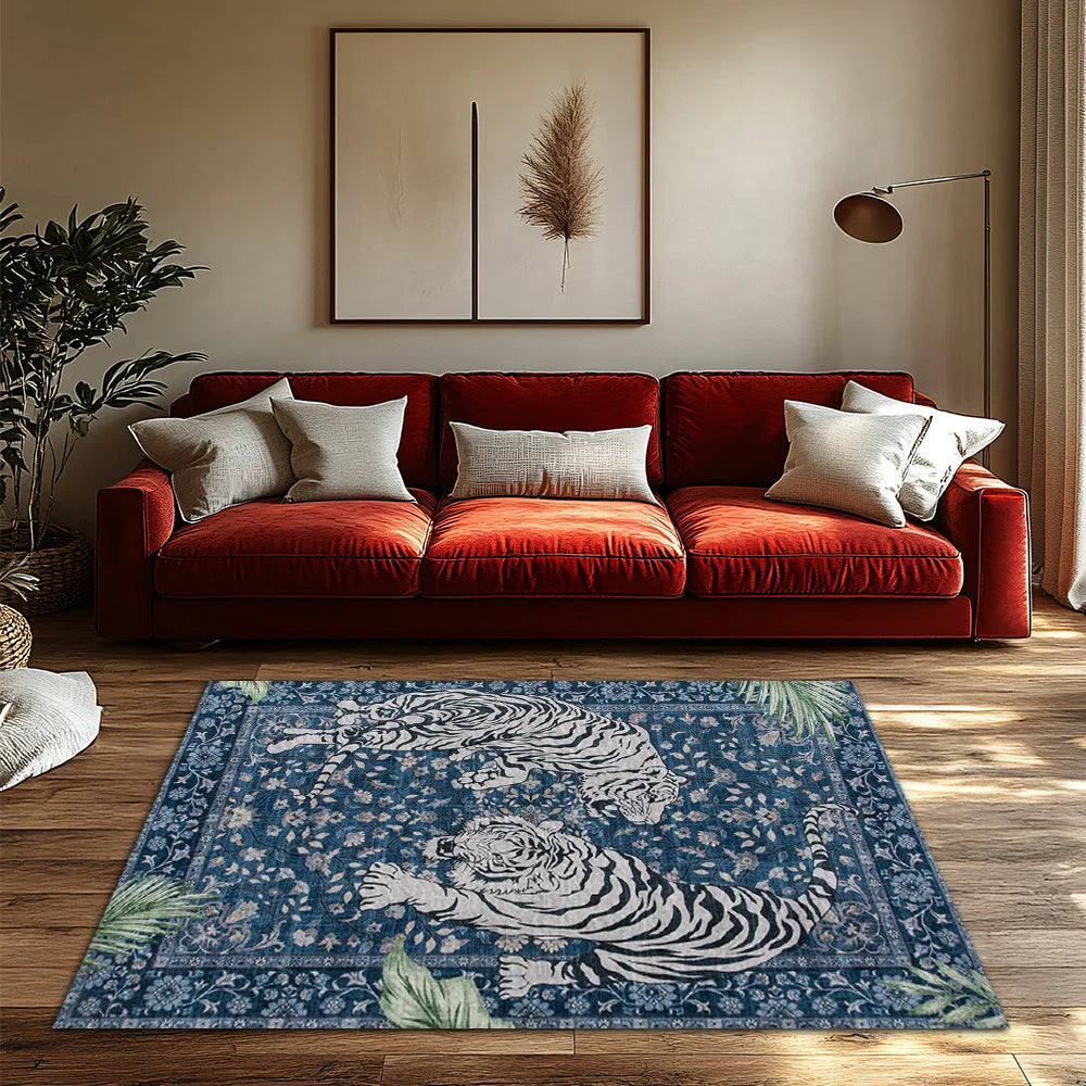 Navak Carpet Blue Tiger Pattern Bohemian Rug, Jungle Theme Non-Slip Carpet, Plush Living Room Mat for Nature Inspired Decor