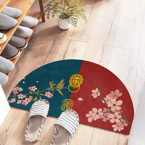 Navak Carpet Chinese Semi-circular Floor Mats Japanese Style Crane Printed Door Entrance Non-slip Floor Mats Balcony Carpet Hallway Porch Rug