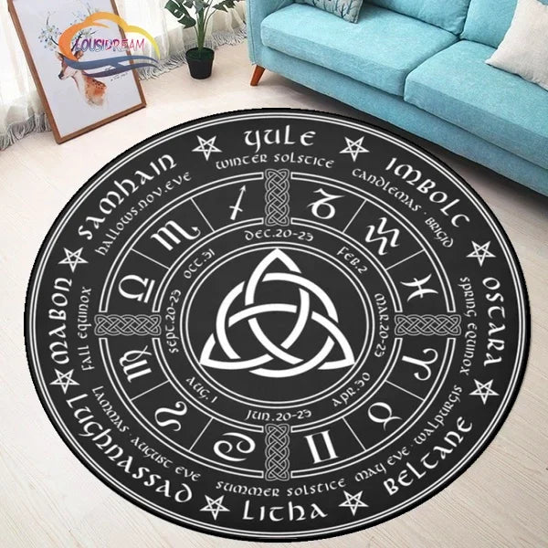 Navak Carpet Pentagram sun Patterned Round Carpet, Satan Devil's Trap Rug, White  on Black  Supernatural  Rune carpet
