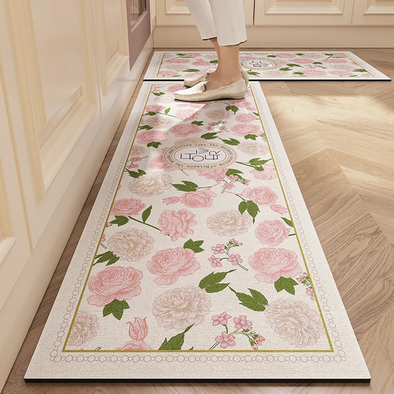 Navak Carpet Rugs for Kitchen Floor Mat Pvc Leather Waterproof Non-slip Long Rug Anti-fatigue Foot Mats Pink Flower Home Decor Vinyl Carpet