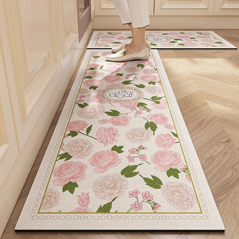 Navak Carpet Rugs for Kitchen Floor Mat Pvc Leather Waterproof Non-slip Long Rug Anti-fatigue Foot Mats Pink Flower Home Decor Vinyl Carpet