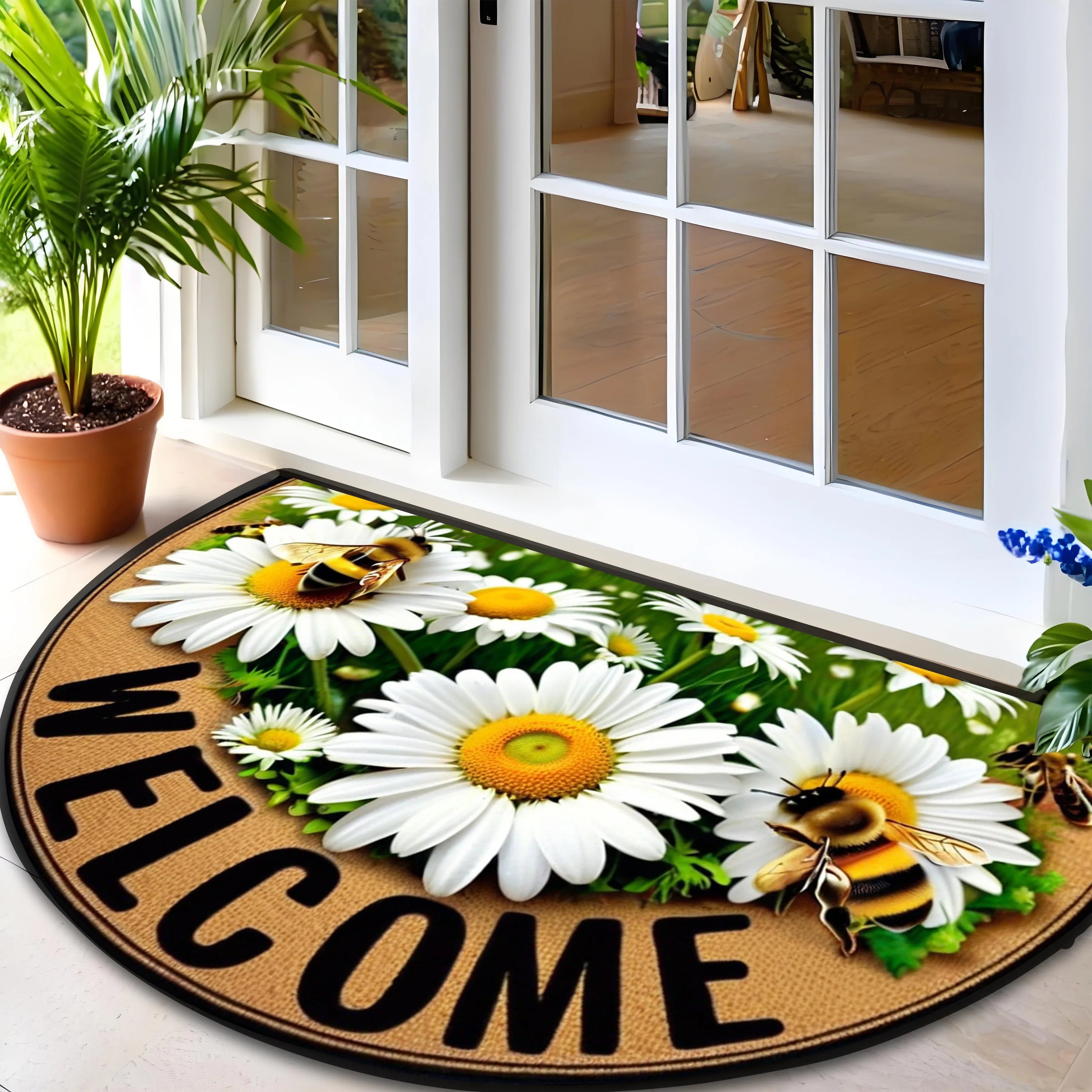 Navak Carpet Bees Floral Door Mat Non Slip Semi Circle Polyester Entrance Rug for Farmhouse Patio Laundry Kitchen Yard Outdoor Home Decor