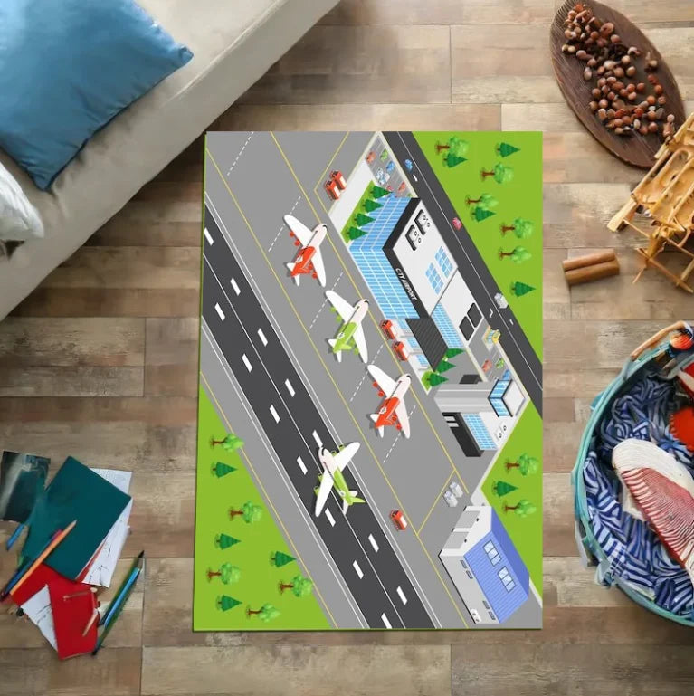 Navak Carpet Kids Play Area Rugs Airport Landing Strips Top View Aircraft and Airplane Arrival Carpet Kids' Bedroom Playroom Nursery 3D Decor