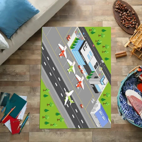 Navak Carpet Kids Play Area Rugs Airport Landing Strips Top View Aircraft and Airplane Arrival Carpet Kids' Bedroom Playroom Nursery 3D Decor