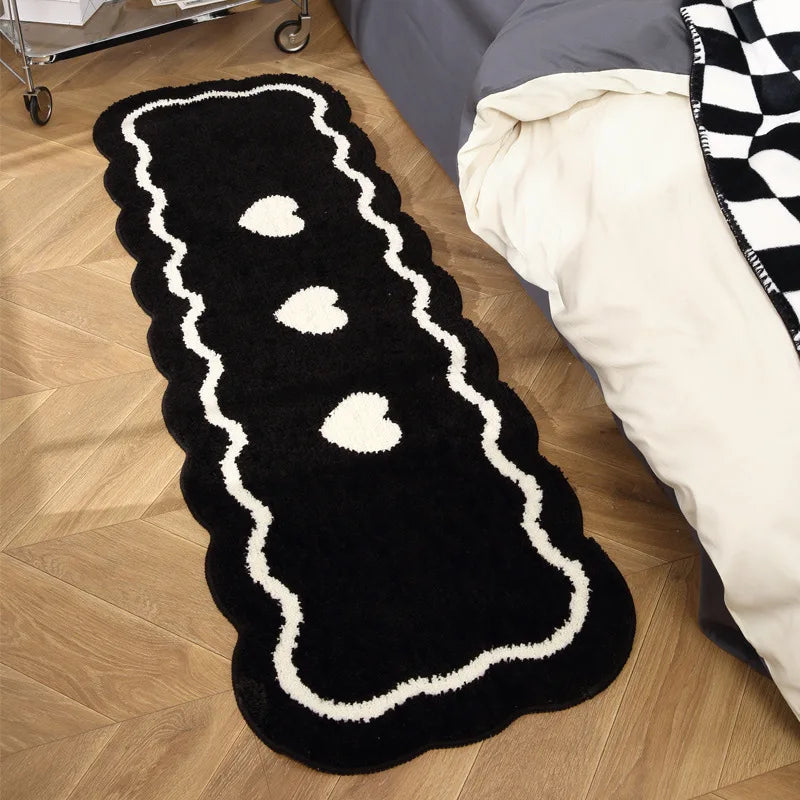 Navak Carpet Exclusive Picks Black And White Heart-Shaped Long Rug, Fluffy And Soft Home Decor Bedside Rug For Bedroom, Hallway And Corridor Floor Mat