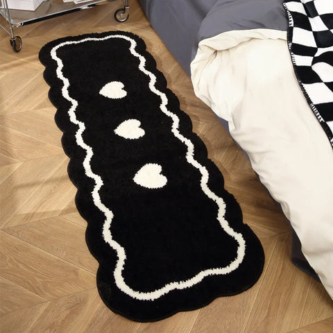 Navak Carpet Exclusive Picks Black And White Heart-Shaped Long Rug, Fluffy And Soft Home Decor Bedside Rug For Bedroom, Hallway And Corridor Floor Mat